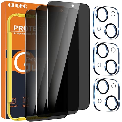 QHOHQ 3 Pack Privacy Screen Protector for iPhone 15 [6.1 Inch] with 3 Pack Camera Lens Protector, Anti Spy Tempered Glass Film, 9H Hardness, HD, Bubble Free, Case Friendly - Black