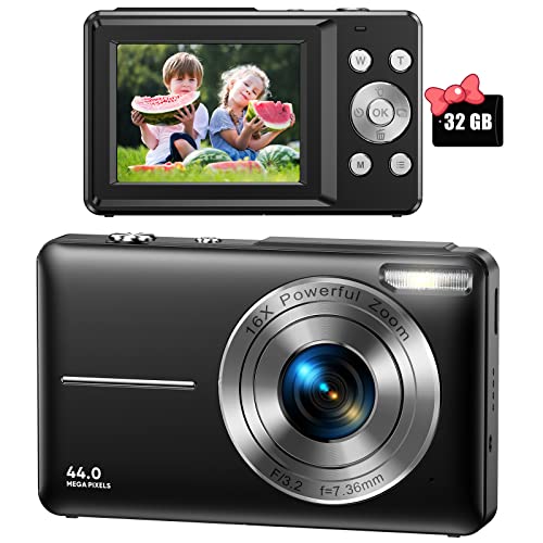 Digital Camera, FHD 1080P Digital Camera for Kids Video Camera with 32GB SD Card 16X Digital Zoom, Point and Shoot Camera Portable Mini Camera for Teens Students Boys Girls, 2 Batteries(Black)