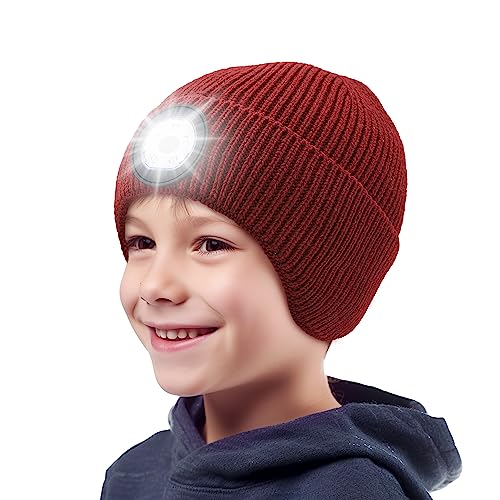 LED Beanie Hat with Light for Kids, USB Rechargeable LED Headlamp Hat with Earlaps,Headlight for Outdoors Stocking Stuffers Gifts for Boys Girls (Red)