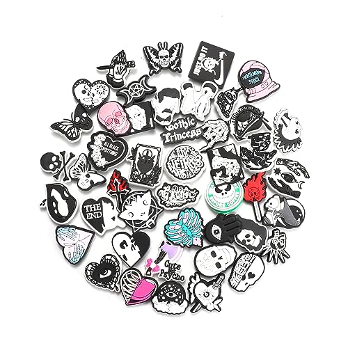 45Pcs Goth Shoe Charms for Adults, Black Gothic Shoe Charms Decorations for Slides, Sandals, DIY Horror Emo Shoe Charms Accessories for Halloween Party Favor