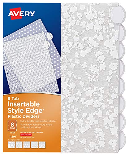 Avery Insertable Style Edge Plastic Dividers for 3 Ring Binders, 8-Tab Set, Assorted White Frosted Designs, 1 Set (11291)