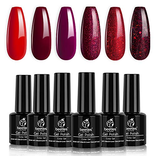 Beetles Red Gel Nail Polish Set, Poinsettia Kit Dark Red Burgundy Red Glitter Gel Polish Kit Soak Off UV LED Gel Nail Kits Nail Art Design Christmas Decoration Gift for Girls Women Home DIY