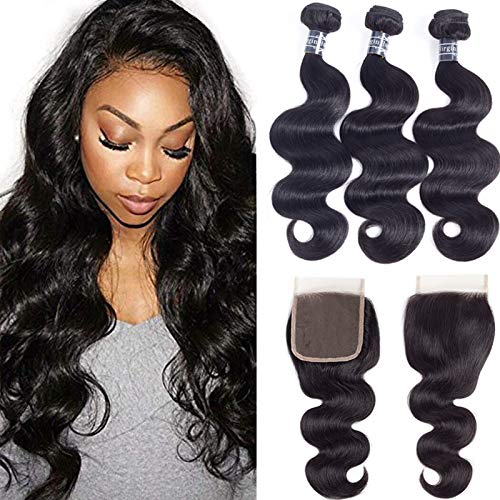 Amella Hair 8A Unprocessed Brazilian Body Wave Bundles with Closure (16 18 20 +16Closure,Natural Black Color) Virgin Brazilian Hair Bundles Weave with Lace Closure Free Part