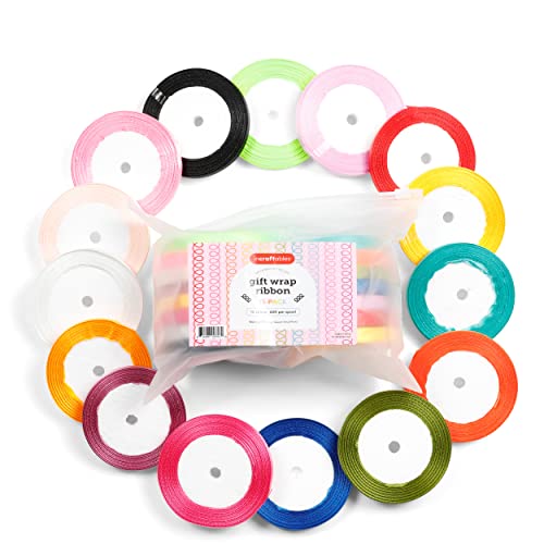 Incraftables Curling Ribbon for Gift Wrapping (15 Colors). Best Gift Wrap Ribbon for Balloons, Birthday Decor & Crafts (1/2 inch Thin String). Bulk Satin Ribbon for Gift Wrapping (60ft Each Color)