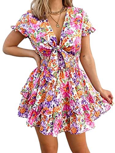 PRETTYGARDEN Women's 2024 Summer Swing Mini Dress Tie Front V Neck Short Sleeve Ruffle Layer A-Line Short Dress(Floral White,Large)