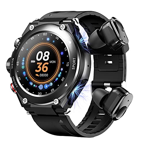 2 in 1 Smart Watch with Earbuds,MP3,Voice Recorder, Call, Fitness Tracker with Blood Oxygen Heart Rate Sleep Monitor, 1.28 Inch Touch HD Screen Activity Tracker for iPhone Samsung Android Phones