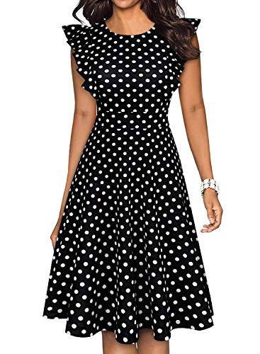 YATHON Women's Vintage Ruffle Floral Flared A Line Swing Casual Cocktail Party Dresses (S, YT001-Black Dot)