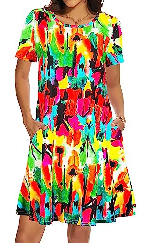 Casual Summer Dresses for Women Beach Sun Dress Short Sleeve Tshirt Dress with Pockets Rainbow Small