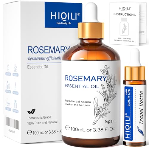 HIQILI Rosemary Essential Oil, 100% Pure & Natural, for Hair Growth, Scalp, Add to Shampoo & Conditioner - 3.38 Fl Oz
