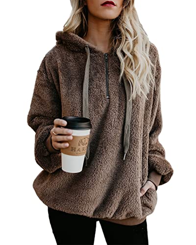 Acelitt Womens Winter Zip Fuzzy Sherpa Sweatshirts Long Sleeve Fashion 2023 Oversized Fleece Casual Hoodies Jacket Pullover Sweaters Brown Medium