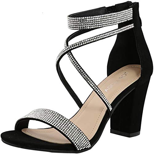 TOP Moda Women's Formal Rhinestone Chunky Block Heel Sandal Crisscross Strappy, Black, 8.5