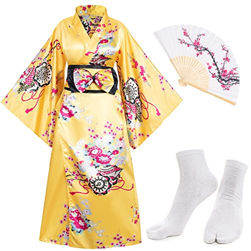 Japanese Anime Women's Long Kimono Robe Fancy Dress Hand Held Silk Folding Fans Tabi Socks set Golden yellow Plus size