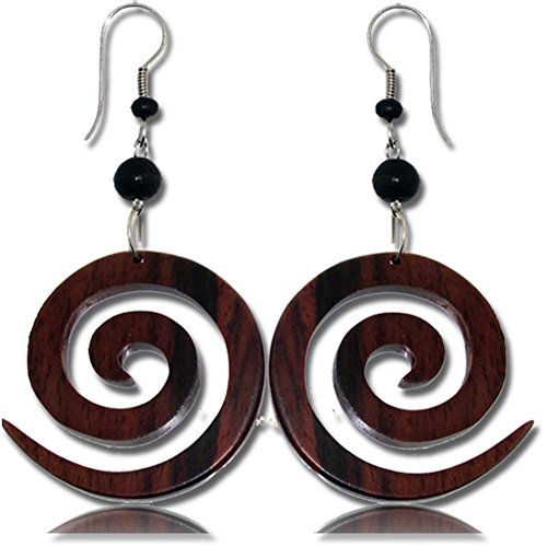 Earth Accessories Organic Wood Dangle Spiral Earrings for Women - Boho Ear Rings or Tribal Earring for African, Hawaiian, Maui, Egyptian, or Indian Looks