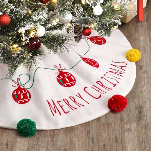 XAMSHOR 24 Inches Christmas Tree Skirt, Embroidered Xmas Tree Skirt with Colorful Pom Poms, Indoor Outdoor Holiday Decorations, White