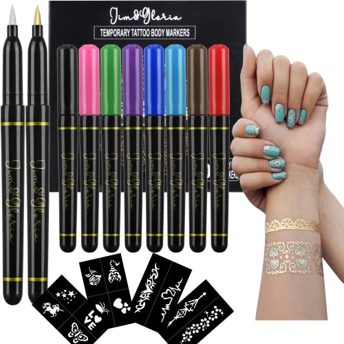 Jim&Gloria Body Art Tattoo Pen 10 Colors With Gold and Silver Fake Tattoos Brush Temporary Tattoo Kit Teen Girls Trendy Stuff for Birthday Friendsgiving Thanksgiving and Christmas gift ideas
