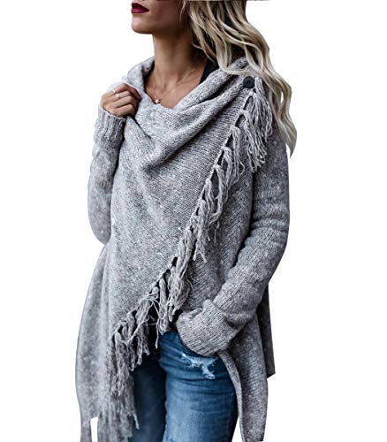 CEASIKERY Women's Tassel Hem Sweater Long Cardigan Knitwer Pullover Poncho Coat Light Gray