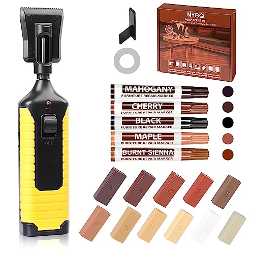 Hardwood Floor Repair Kit - 24Pcs Laminate Vinyl Wood Furniture Floor Repair Kit with Heat Pen 11 Colors Floor Wax Touch up Marker Pen Floor Scratch Repair Remover for Cracks, Holes, Table, Cabinet