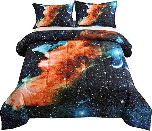 A Nice Night Black and Blue Galaxy Bedding Sets 3D Printed Cloud Quilt Comforter Sets with 2 Bedroom Pillow Covers Queen Size