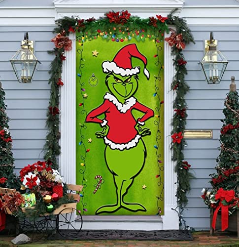 Grinch's Christmas Door Cover Decorations Grinchmas Green Backdrop Merry Christmas Porch Sign for Indoor Outside Front Door Party Supplies