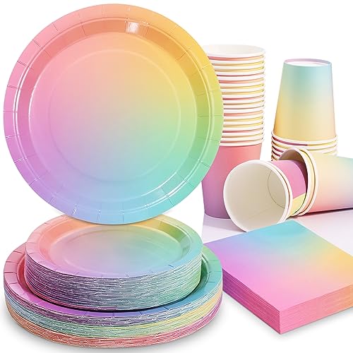 Gudvilla Rainbow Party Decorations, Rainbow Paper Plates, Rainbow Plates and Napkins Cups 200PCS, Pastel Paper Plates, Birthday Plates for Pastel Rainbow Birthday Decorations for Girls, Baby Shower