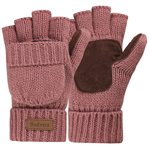 Bodvera Thermal Insulation Fingerless Texting Wool Gloves for Women and Men Winter Warm Knitted Convertible Mittens Flap
