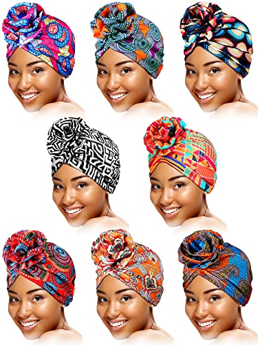 SATINIOR 8 Pieces Turbans African Pattern Knot Headwrap Bohemian Print Pre Tied Flower Knot Bonnet Hat for Women Girls (Vivid Style)