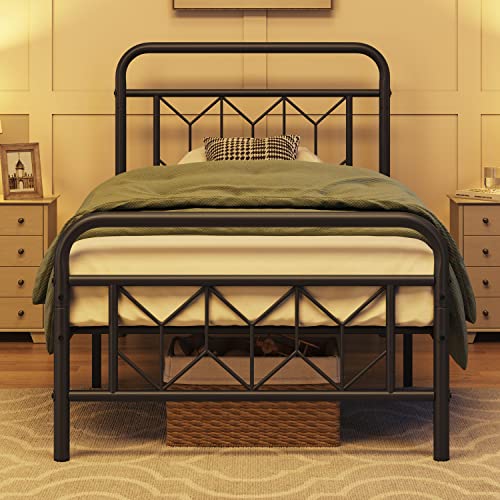 Topeakmart Twin XL Bed Frames Metal Platform Bed with Vintage Style Headboard/Mattress Foundation/No Box Spring Needed/Under Bed Storage/Strong Slat Support Black Twin XL Bed