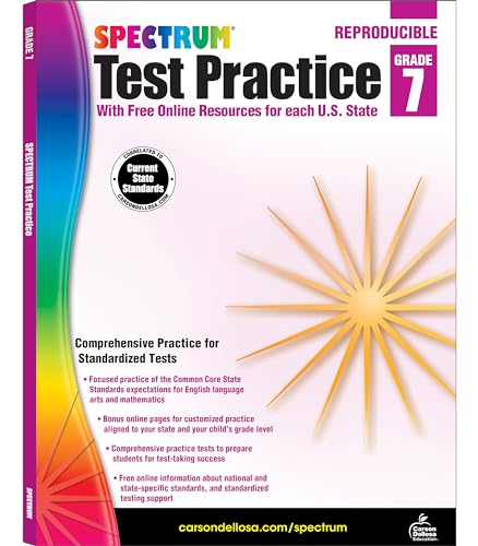 Spectrum 7th Grade Test Practice Workbooks All Subjects, Ages 12 to 13, Grade 7 Test Practice, Language Arts, Reading Comprehension, Vocabulary, Writing and Math Reproducible Book - 160 Pages