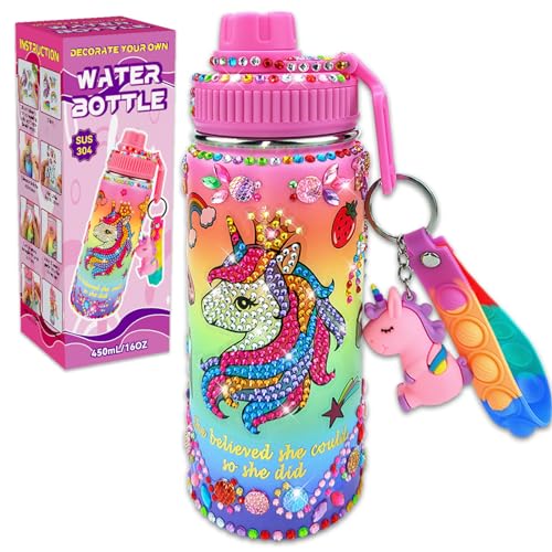 7july Decorate Your Own Water Bottle Kits for Girls Age 4-6-8-10 (Stainless Steel),Unicorn Themed Gem Diamond Painting Crafts,Fun Arts and Crafts Gifts Toys for Girls Birthday Christmas