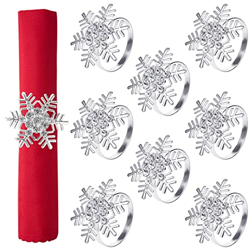 Christmas Napkin Rings- Set of 8 Snowflake Metal Napkin Holder Silver Xmas Napkin Buckle for Holiday Party Dinner Wedding Banquet Xmas Dinning Table Settings Decoration