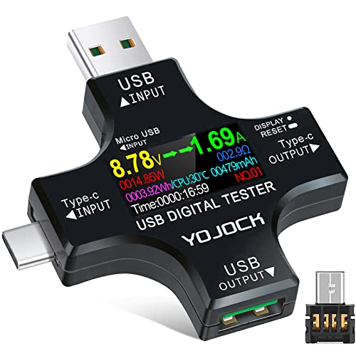 YOJOCK USB C Tester USB Power Meter 2 in 1 Digital Multimeter 3.6-32V 0-5.1A Voltage and Current Tester, Type C Voltmeter Battery Capacity Volt Ammeter Power Bank USB Cable Charger Detector