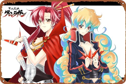 Bandage Smile Blonde Glasses Cape Coat Yellow Eyes Earrings Blue Eyes Blue Hair Red Eyes Long Hair Tengen Toppa Gurren Lagann Yoko Littner Bikini Red Hair Nia Teppelin Posters Tin Signs Retro Metal Movie Tins for Bar Pub Home Cafes Wall Decor, 8X12 Inch (20X30 CM)