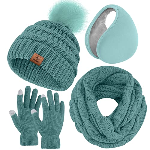 URATOT Winter Warm Sets Knitted Scarf Beanie Pompom Hat Touch Screen Gloves and Winter Ear Warmer Set for Men or Women