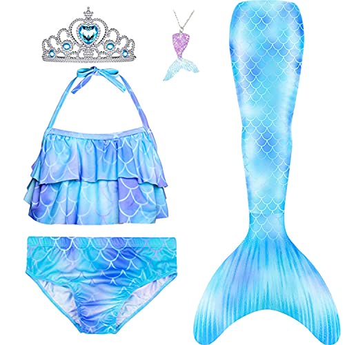 5Pcs Girls Swimsuit Mermaid Tails for Swimming Princess Bikini Bathing Suit Set Can Add Monofin 4T 6T 8T 10T 12T (as1, Age, 6_Years, Sky Blue #2)