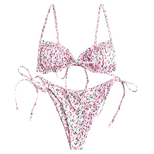 ZAFUL Ditsy Floral Frilled Tie Knot Front Strappy Bikini Sets Swimwear Pink