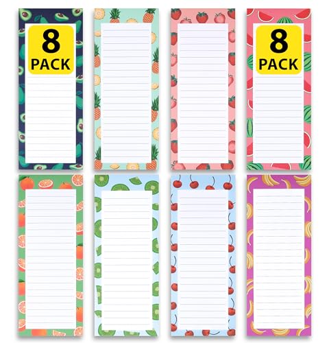8 Magnetic Notepads – Notepads for Grocery List, Shopping List, To-Do List, Reminders -Strong Magnetic Back- Memo Notepad with Realistic Fruit Designs | 25 Sheets per Pad 7.5 x 3.5 inch (8 Pack)