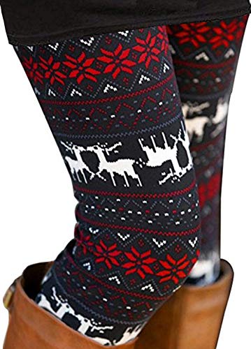 Uaderize Soft Leggings for Women Christmas Reindeer Print Legging Tights Black Winter L