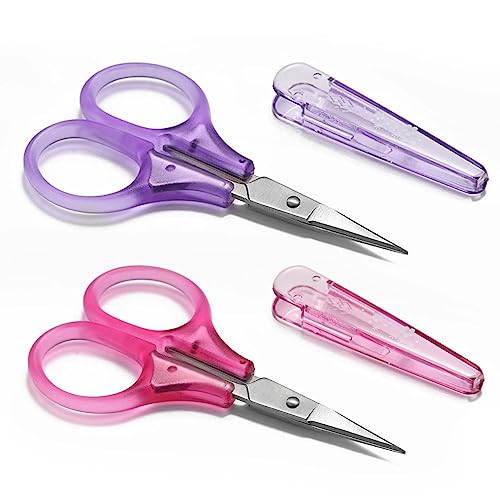 SCAIKTIG Small Craft Scissors, 3' Tiny Travel Scissors Tsa Compliant with Cover, Sharp Scissors all Purpose, Straight Fine Tips Mini Sewing Scissors Set, Precision Detail Paper Cutting, Pink/Purple