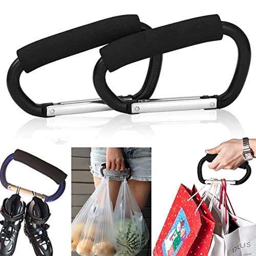 2 Packs Large Stroller Hooks, Aluminum Grocery Bag Handle Organizer Hook or Diaper Bags Holder- Black