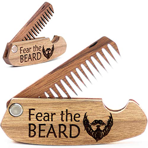 Beard Comb Gifts for Him Wooden Comb for Men Folding Pocket Comb for Moustache Beard Hair Walnut Combs Husband Anniversary Gift with the Engraving (Fear The Beard)