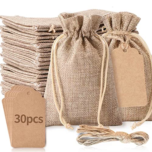 30Pcs 3'x 4' Burlap Gift Bags and 30Pcs Gift Tags with Drawstring, Wedding Hessian Linen Sacks Bag, Jewelry Pouches for Birthday, Party, Present, Wedding Favors, Art and DIY Craft