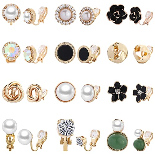 NEWITIN 12 Pairs Clip On Earrings for Women Cute with Crystal and Pearl Charming Fashion Non Piercing for Girls