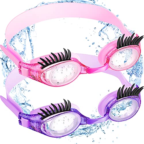 2 Pieces Kids Swim Goggles Eyelashes Swim Goggle No Slip Leak Girl Goggles Anti Fog UV Goggles for Lash Extensions (Purple, Dark Pink)