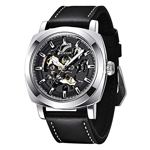 Benyar Automatic Watches for Men | Skeleton Mechanical Leather Strap Mens Watch | 45mm Dial | 30M Waterproof | Men's Stylish Gift