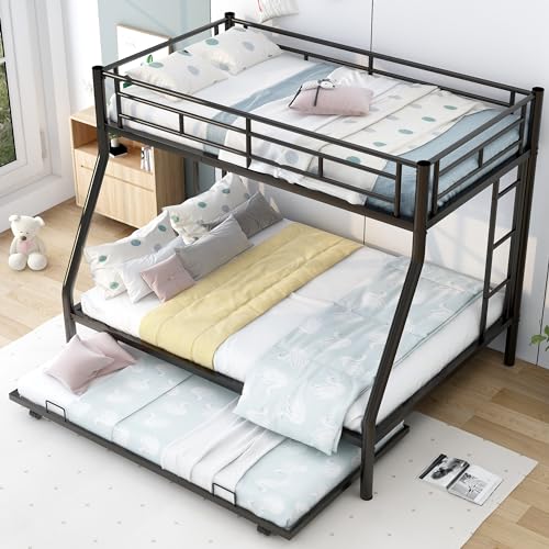 Merax Twin Over Full Triple Bunk Bed with Trundle:Triple Bunk Beds, Sturdy Steel Bunk Beds Frame for 3 Kids/Teens with Two Side Ladders and Safety Guard Rail,Black