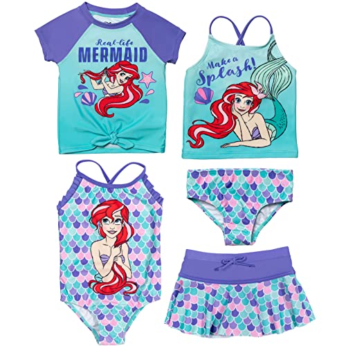 Disney Princess Ariel Toddler Girls One Piece Bathing Suit Bikini Top Rash Guard Swim Skirt Modest Swimsuit and Bottom 4T