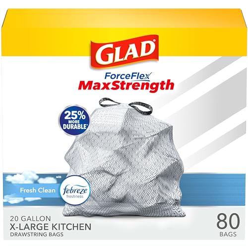 Glad Forceflex Kitchen Pro 20 Gallon Drawstring Black Plastic Trash Bags with Febreze Fresh Clean Odor Shield Technology (80 Count)