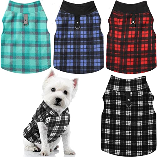 4 Pieces Winter Fabric Dog Sweater with Leash Ring Fleece Vest Dog Pullover Jacket Warm Pet Dog Clothes for Puppy Small Dogs Cat Chihuahua Boy (Plaid Pattern, XS)