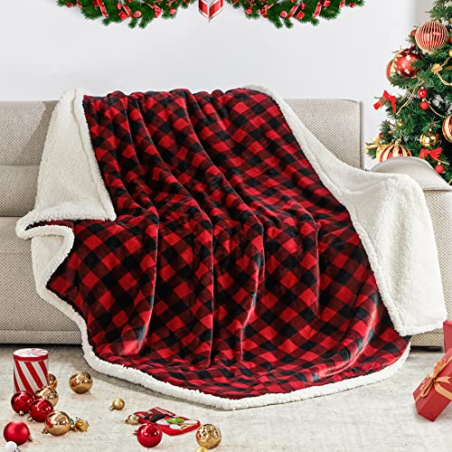 BEAUTEX Sherpa Fleece Throw Blanket, Super Soft Warm Buffalo Plaid Plush Blankets and Throws, Lightweight Cozy Fuzzy Blanket for Couch Sofa Bed (Red, 50' x 60')