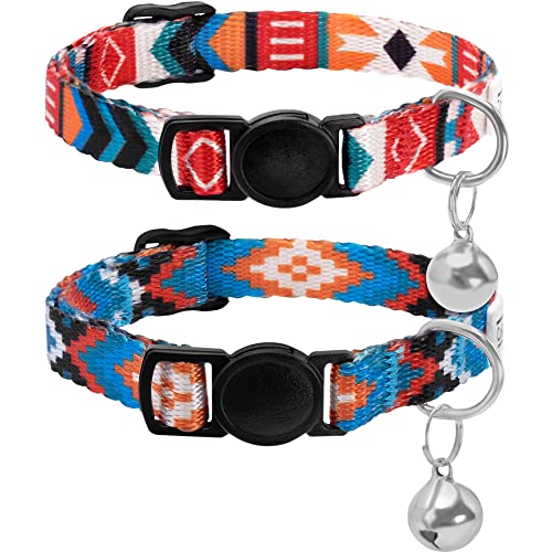 CollarDirect Cat Collar Breakaway Set of 2 PCS Tribal Pattern Aztec Pet Safety Adjustable Kitten Collar with Bell (Pattern 2 + Pattern 3)